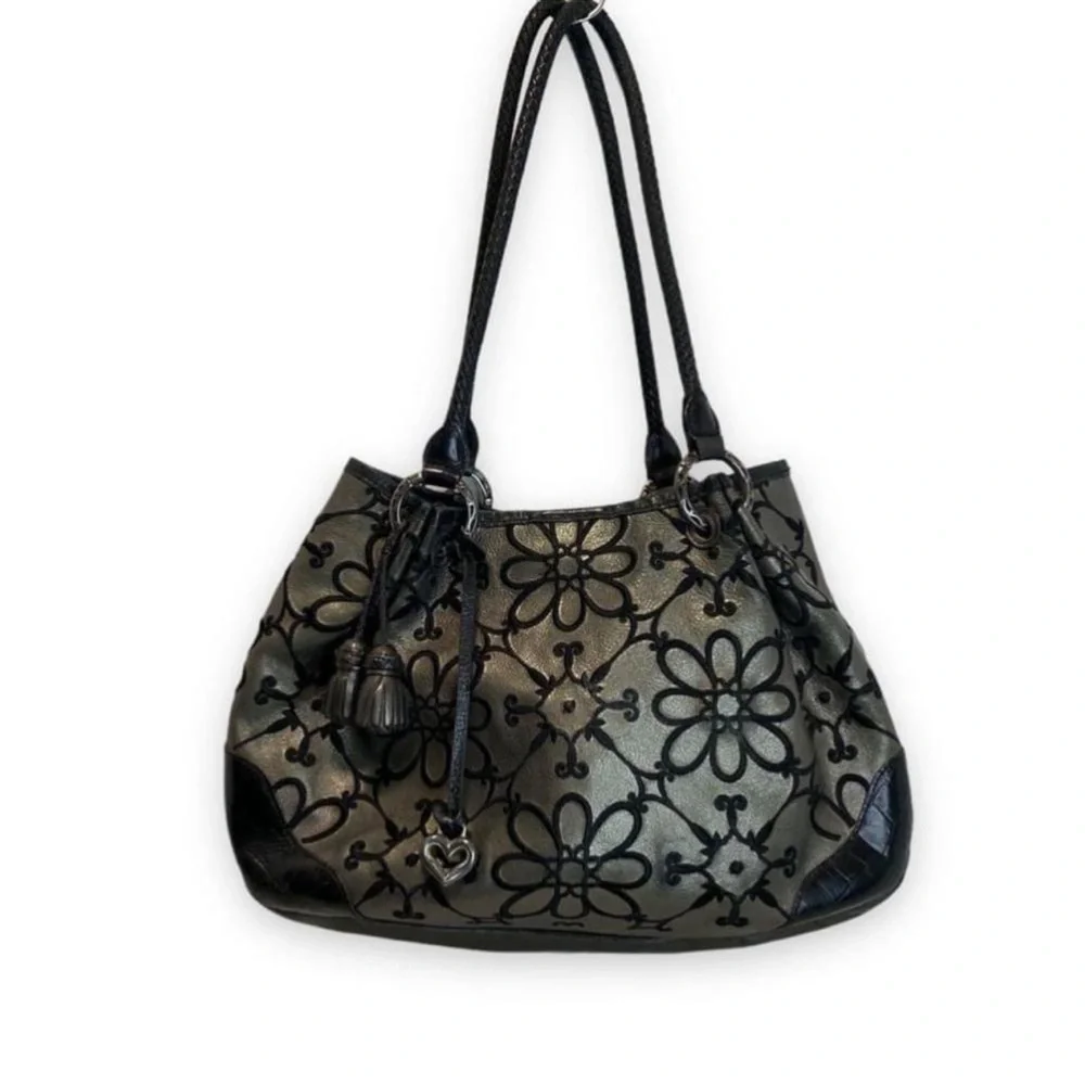 Brighton Valencia Gunmetal Pewter Floral Hobo Shoulder Handbag